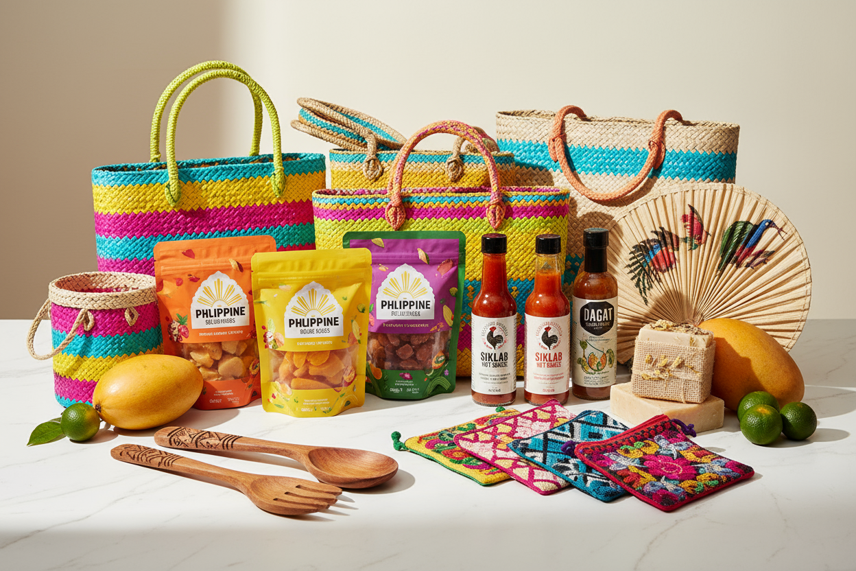Assortment of Filipino handmade products, artisanal foods, and traditional snacks imported by Two Roots Trading